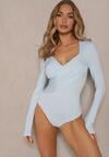 Jasnoniebieskie Eleganckie Body Longsleeve z Ozdobnym Marszczeniem Zimanya