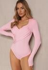 Różowe Eleganckie Body Longsleeve z Ozdobnym Marszczeniem Zimanya