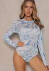 Niebieskie Body Longsleeve z Siateczki z Wiskozą w Abstrakcyjny Print Zeilira