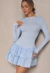 Niebieska Sukienka Longsleeve o Rozkloszowanym Kroju z Falbanką Reline