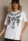 Biała Koszulka T-shirt Bawełniany z Ozdobnym Nadrukiem Napene