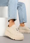 Beżowe Sneakersy Skórzane na Platformie z Metaliczną Ozdobą Rivzekia