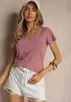 Ciemnoróżowy Bawełniany T-shirt z Trójkątnym Dekoltem Linalitia