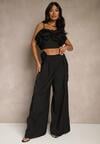 Czarne Spodnie o Szerokim Kroju High Waist z Kwiatem 3D Firalisse