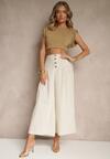 Beżowe Spodnie Culottes High Waist z Bawełny Zdobione Guzikami Izuma