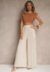 Beżowo-Brązowe Szerokie Spodnie High Waist w Paski z Bawełny Silorea