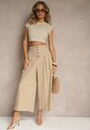 Ciemnobeżowe Spodnie Culottes High Waist z Bawełny Zdobione Guzikami Izuma