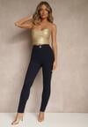 Granatowe Legginsy High Waist z Wiskozą z Cyrkoniowym Guzikiem Naliselle
