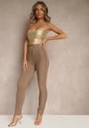 Ciemnobeżowe Legginsy High Waist z Wiskozą z Cyrkoniowym Guzikiem Naliselle
