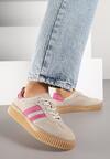 Beżowo-Fuksjowe Sneakersy Tenisówki z Wkładką ze Skóry Naturalnej Ozdobione Tłoczeniem Meluella