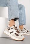 Biało-Brązowe Sneakersy na Płaskiej Podeszwie z Geometryczną Wstawką i Wzorem w Krowie Łaty Sewla