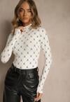 Biała Bluzka Longsleeve Półgolf z Bawełny Ozdobiona Geometrycznym Nadrukiem Zantila