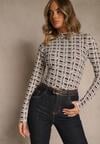 Biało-Brązowa Bluzka Longsleeve z Golfem z Bawełny w Geometryczny Print Zadanevia