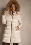 Beżowa Pikowana Kurtka o Długim Fasonie z Odpinanym Kapturem z Futerkiem  Fenalda