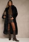 Czarny Płaszcz Futerko z Paskiem Wiązanym w Talii Dinelle