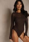 Brązowe Body Typu Longsleeve z Koronki Eseiana