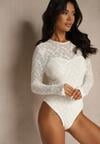 Beżowe Body Typu Longsleeve z Koronki Eseiana