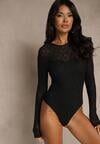 Czarne Body Typu Longsleeve z Koronki Eseiana