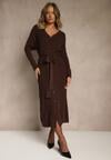 Brązowa Prążkowana Sukienka Dzianinowa z Domieszką Wełny Zapinana na Guziki Nalemma