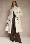 Beżowy Dwurzędowy Płaszcz Futerko o Dwustronnym Kroju z Kołnierzem Nalaneva