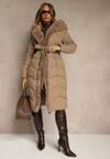 Beżowa Kurtka z Pikowanymi Przeszyciami Futerkiem i Paskiem Serapella