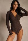 Brązowe Body Longsleeve z Koronki z Bawełną Zenisesa