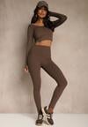 Brązowe Legginsy High Waist Ozdobione Przeszyciem Belanessa
