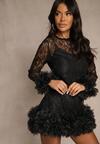 Czarna Dopasowana Koronkowa Sukienka Koktajlowa z Tiulowymi Aplikacjami Kretalia