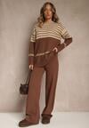 Brązowy Komplet z Dzianiny z Wełną Pasiasty Sweter i Spodnie Ralleia