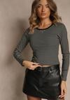 Czarna Bluzka Longsleeve Ozdobiona Paskami i Cyrkoniami Ralenea