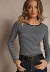 Granatowa Bluzka Longsleeve Ozdobiona Paskami i Cyrkoniami Ralenea