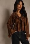 Brązowa Bluzka w Panterkę z Szerokimi Rękawami Zdobiona Falbankami Enntia