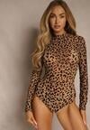 Beżowe Body Longsleeve ze Stójką w Panterkę z Dodatkiem Wiskozy Eclane