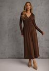 Brązowa Taliowana Sukienka Longsleeve z Wiskozą z Marszczeniem i Dekoltem V Elirie