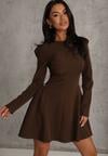 Brązowa Sukienka o Rozkloszowanym Kroju z Ozdobą z Boku Eleslia