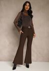 Brązowe Wiskozowe Spodnie Dzwony z Bawełną High Waist z Paskiem Lidassa