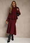 Bordowy Komplet z Dzianiny z Wiskozą Spódnica i Sweter z Baskinką i Cyrkoniami Nereza