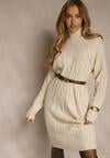 Jasnobeżowa Sukienka Sweterkowa z Golfem Wełną  Bawełną i Ozdobnym Splotem Reilenea