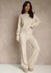 Jasnobeżowy Dzianinowy Komplet z Wełną Spodnie Wide Leg i Sweter Cropped Nezera