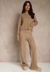 Ciemnobeżowy Dzianinowy Komplet z Wełną Spodnie Wide Leg i Sweter Cropped Nezera