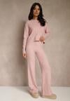 Jasnoróżowy Dzianinowy Komplet z Wełną Spodnie Wide Leg i Sweter Cropped Nezera