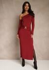 Bordowa Sukienka z Wiskozą Aplikacją Marszczeniem i Wywiniętym Dekoltem Reilenna