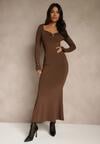 Brązowa Sukienka Koktajlowa z Wiskozą i Metaliczną Klamrą przy Dekolcie Refire
