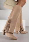 Ciemnobeżowe Kozaki na Słupkowym Obcasie z Cholewką Imitującą Nogawkę z Frędzlami Linafela