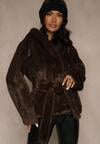 Brązowa Futerkowa Kurtka z Kapturem i Wiązanym Paskiem Zetele
