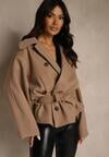 Beżowy Pudełkowy Krótki Płaszcz z Wiskozą z Wiązanym Paskiem i Kołnierzykiem Tusainea