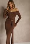 Brązowa Marszczona Sukienka o Dopasowanym Kroju z Trenem i Rozcięciem Aluilea