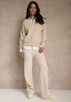 Jasnobeżowe Szerokie Spodnie z Wełną 	High Waist z Prążkowanego Materiału Reinna