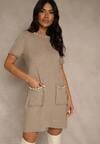 Beżowa Sweterkowa Sukienka Trapezowa z Perełkami przy Dekolcie i Kieszeniach Fenatusa