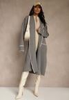 Szary Niezapinany Kardigan o Długim Kroju z Lamówką Venisse